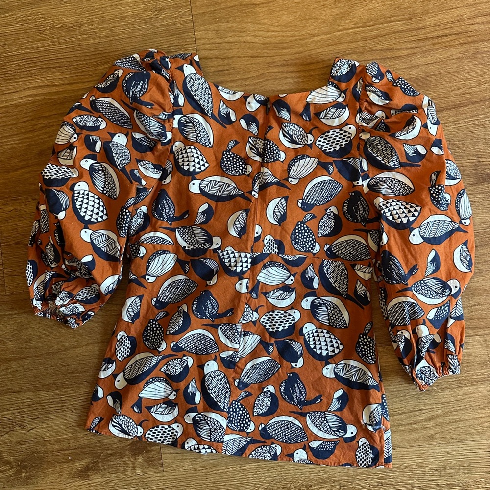 Anthropologie Eva Franco Tropical Birds Sweetheart Neck Blouse Puff Sleeves - Picture 4 of 4